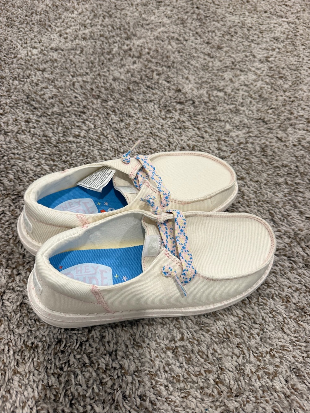 Hey Dude Off-White Canvas Slip-On Moccasins with Patterned Laces